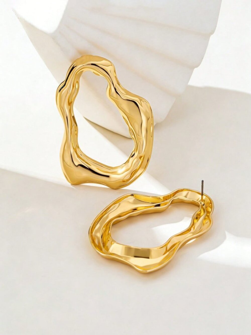 Gold Women's Asymmetrical Hollow Metal Earrings - Picture 4 of 6